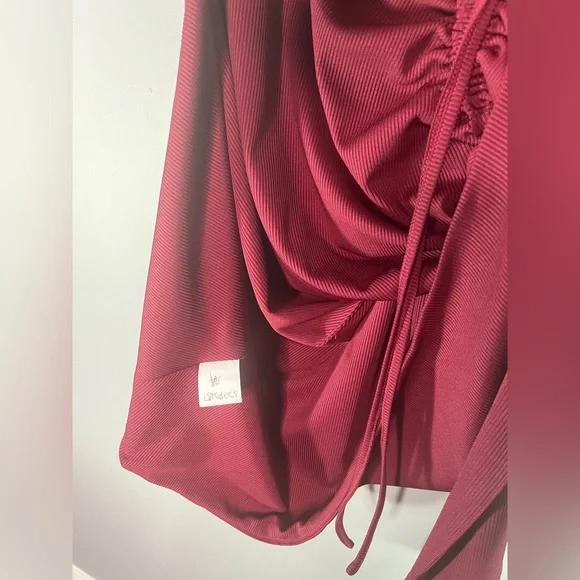 Nicholas One Shoulder Ribbed Cutout Ruched Asymmetrical Midi Dress Maroon Wine - Picture 5 of 5